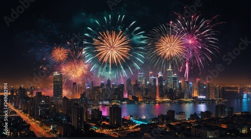 Beautiful colorful fireworks display on bright busy city from Generative AI