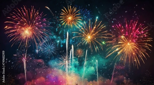 Beautiful colorful fireworks display with bokeh abstract holiday celebration background from Generative AI