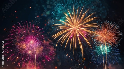 Beautiful fireworks display with bokeh abstract holiday celebration background from Generative AI