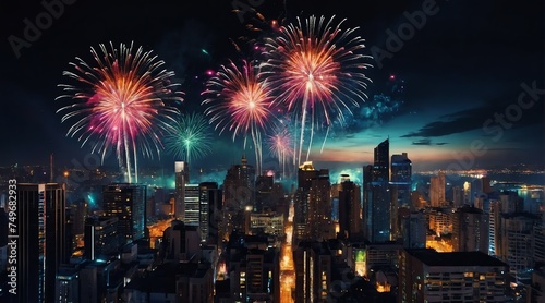 Beautiful fireworks display on bright busy city skyline background at night background from Generative AI