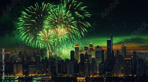 Beautiful green fireworks display on bright busy city skyline background at night background from Generative AI © Arceli