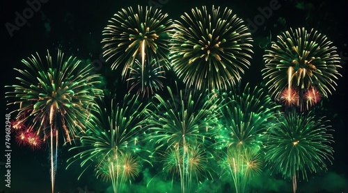 Beautiful green fireworks display with bokeh abstract holiday celebration background from Generative AI