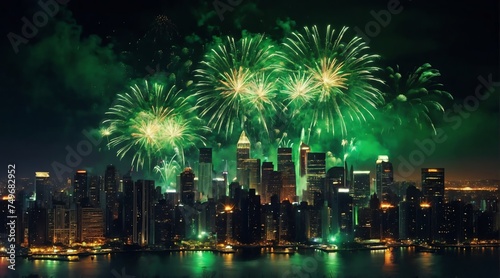 Beautiful green fireworks display on bright busy city skyline background at night background from Generative AI