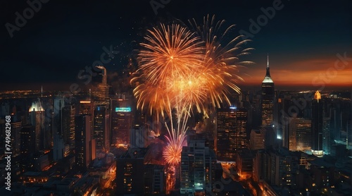 Beautiful orange fireworks display on bright busy city skyline background at night background from Generative AI