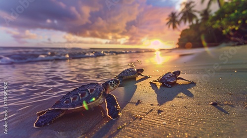 A joyful portrayal of baby sea turtles their tiny brightly colored bodies making their first journey to the sea under a rainbow filled sky