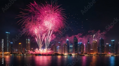 Beautiful pink fireworks display on bright busy city skyline background at night background from Generative AI