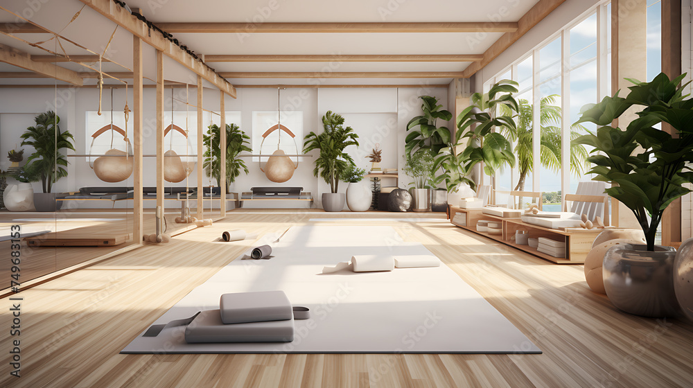 A gym interior with a Zen garden and relaxation area for a calming workout environment.