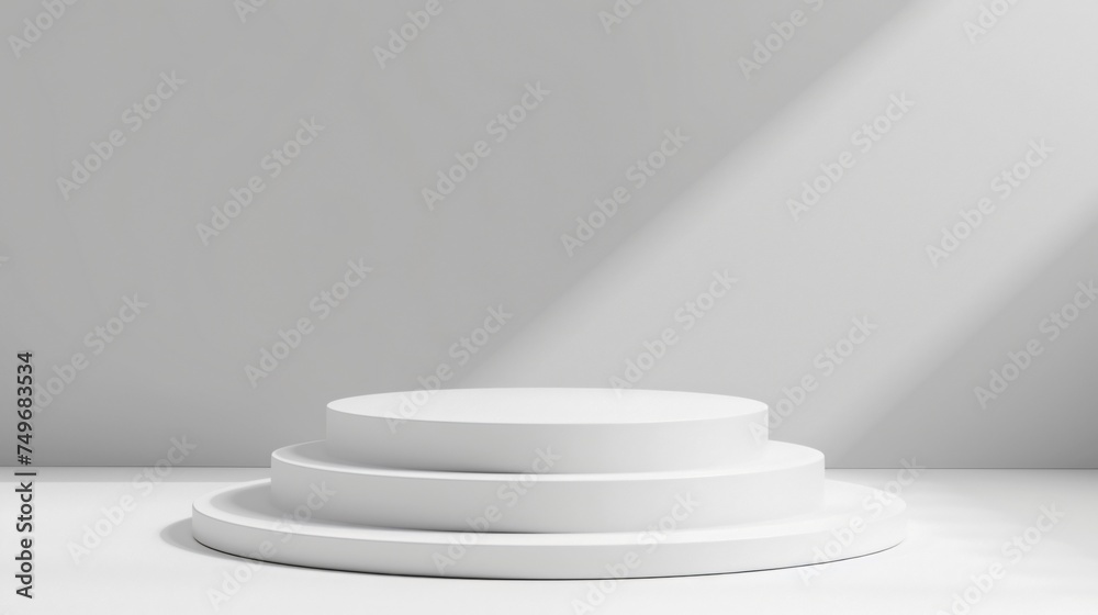 A minimalist white podium on a seamless white background illuminated by a soft overhead spotlight creating a perfect setting for an elegant product presentation A minimalist white podium on a seamless white background illuminated by a soft overhead spotlight creating a perfect setting for an elegant product presentation