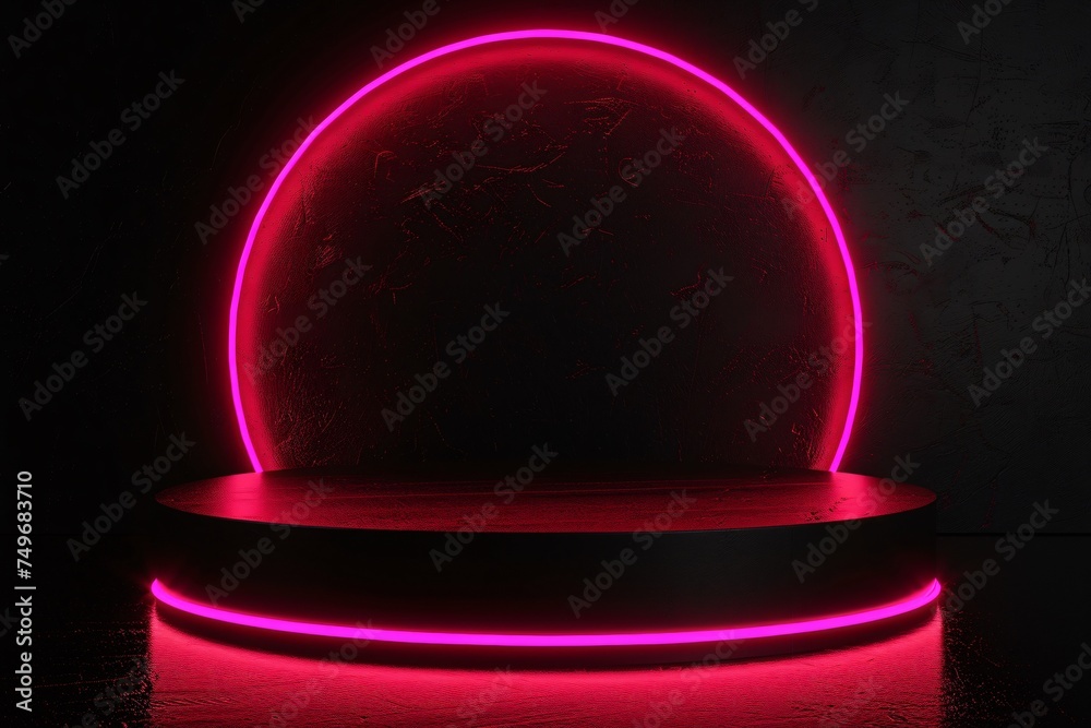 A neon pink podium against a sleek black background with neon lights framing the product perfect for a bold fashion accessory reveal A neon pink podium against a sleek black background with neon lights framing the product perfect for a bold fashion accessory reveal