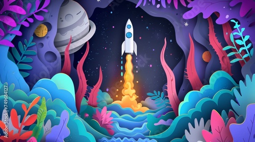 A papercut illustration of a rocket launch from an alien planet with exotic plants and alien spectators marveling at the human spacecraft photo