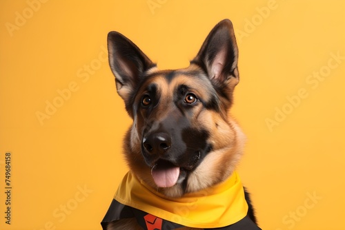 german shepherd dressed as a super hero, yellow background