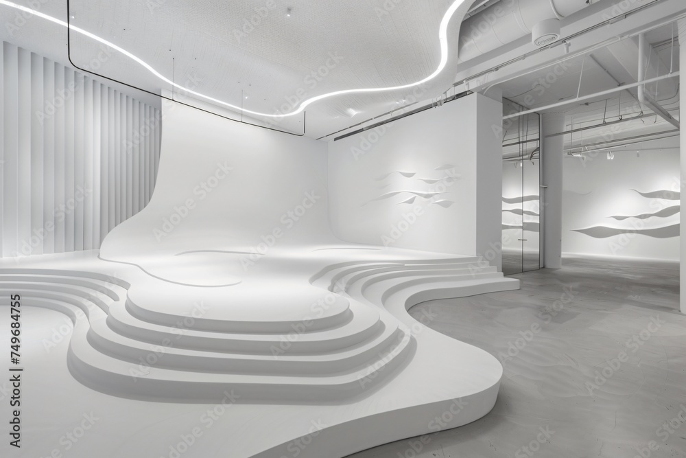 Obraz premium A sculptural white podium in an all white gallery space with ambient lighting designed to emphasize the textures of artisanal craftwork