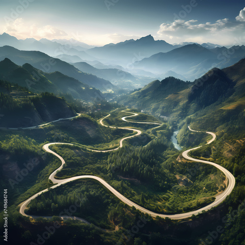 An aerial view of winding mountain roads.