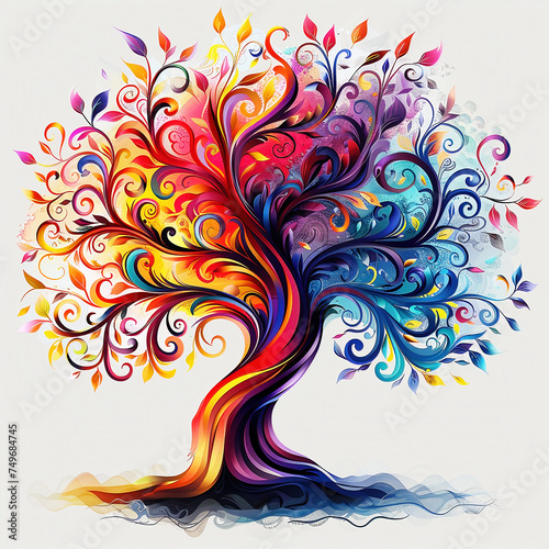Stylized tree of life in bright rainbow colors on a white background.