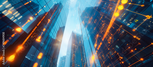 skyscraper building with holographic. finance corporate business concept background