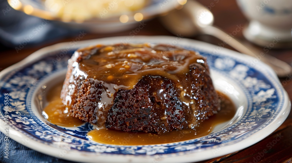A traditional English sticky toffee pudding a variant of the toffee cake with dates and served with a side of warm custard on a classic porcelain plate A traditional English sticky toffee pudding a variant of the toffee cake with dates and served with a side of warm custard on a classic porcelain plate