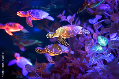 A surreal depiction of sea turtles flying through an underwater forest of neon colored seaweed and luminescent fish creating a scene of fantastical beauty