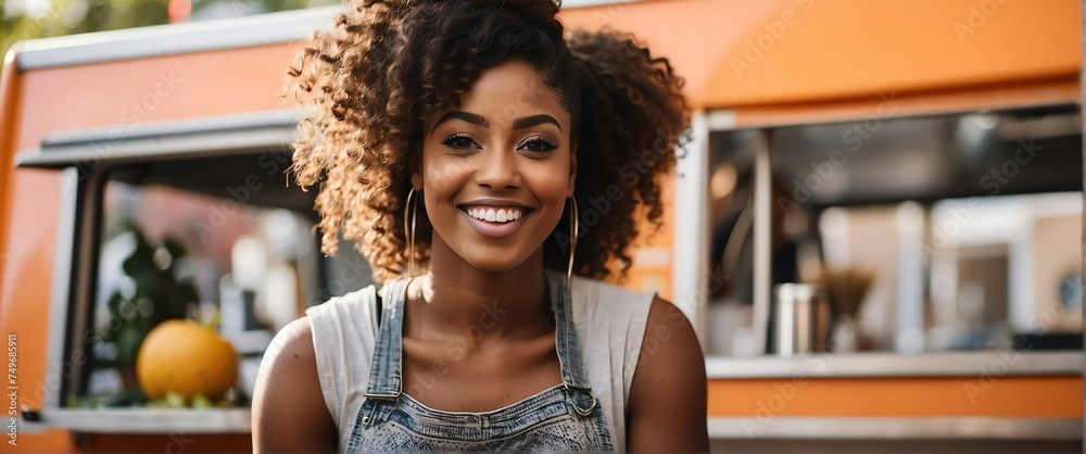 Small business owner young black african woman at front of food truck smiling looking at camera from Generative AI Small business owner young black african woman at front of food truck smiling looking at camera from Generative AI