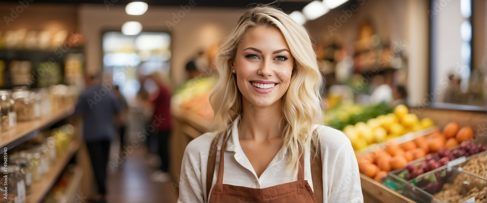 Obraz premium Small business owner young blonde woman at whole bulk food store smiling looking at camera from Generative AI