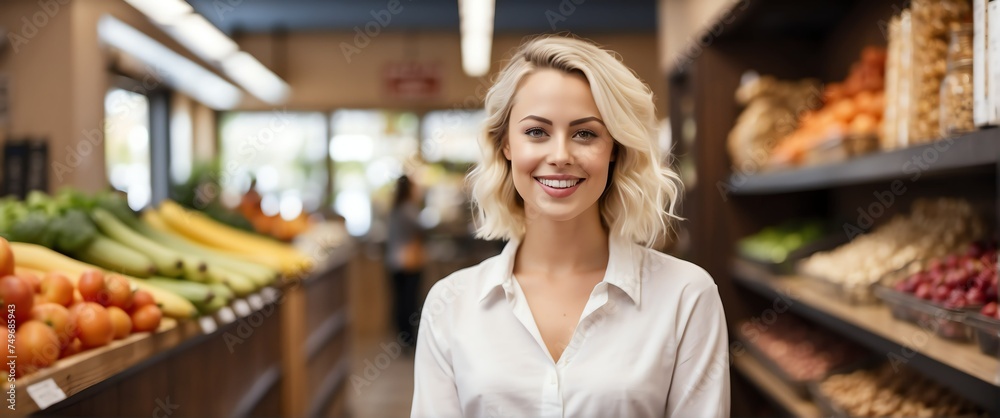 Small business owner young blonde woman at whole bulk food store smiling looking at camera from Generative AI