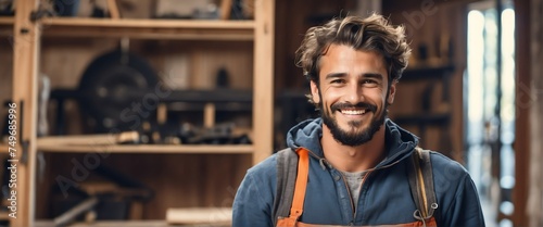 Young attractive charming french man carpenter repair man smiling looking at camera from Generative AI © Arceli