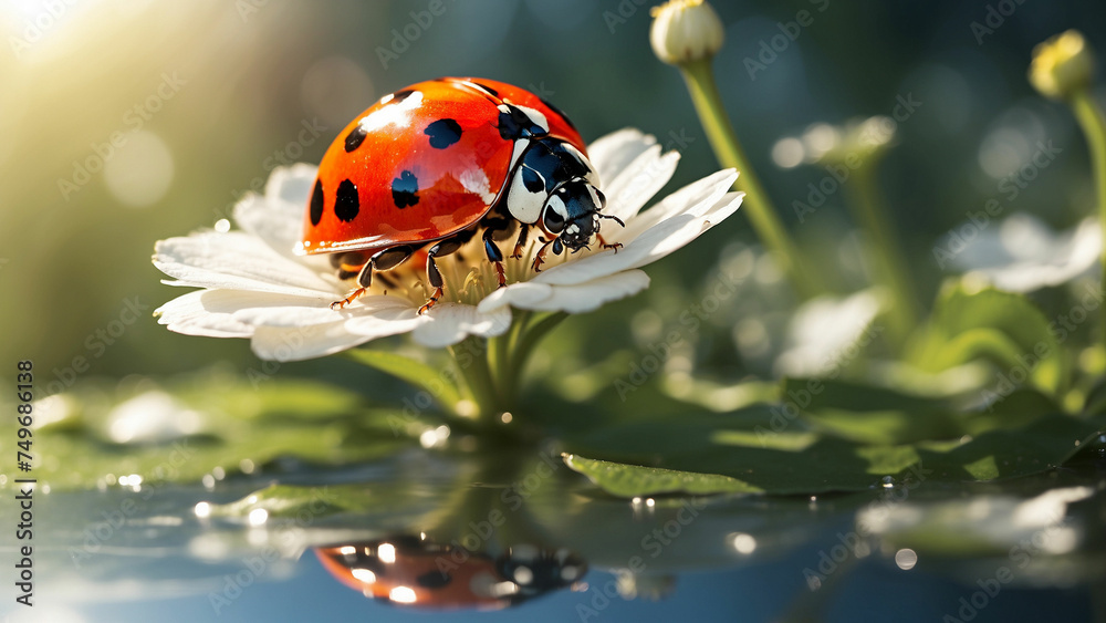 Obraz premium A ladybug perched on a white flower seems to be admiring its own reflection in the dewdrop on the petal and the sun casts a warm glow on the scene a magical atmosphere in the meadow