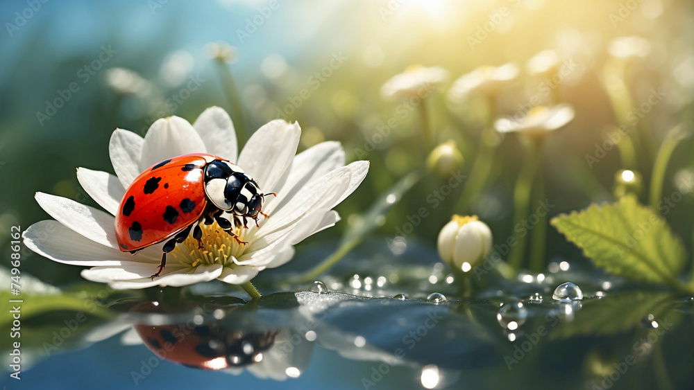 Obraz premium A ladybug perched on a white flower seems to be admiring its own reflection in the dewdrop on the petal and the sun casts a warm glow on the scene a magical atmosphere in the meadow