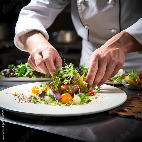 Close-up of a chefs hands preparing a gourmet dish 