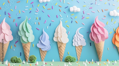 An imaginative papercut depiction of an ice cream forest where towering cones serve as trees and sprinkles fall like rain under a marshmallow sky photo