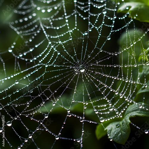 Close-up of a dew-covered spider web. 