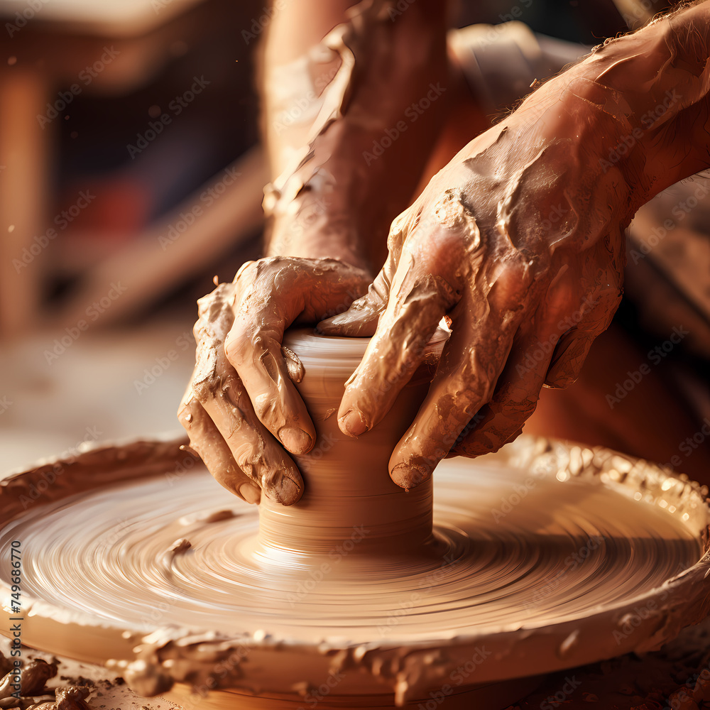 Close-up of a potter shaping clay on a wheel.