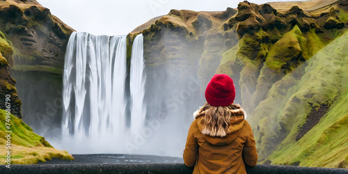 Woman overlooking waterfall at skogafoss, Iceland
