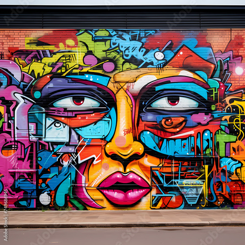 Colorful graffiti art on an urban brick wall. 