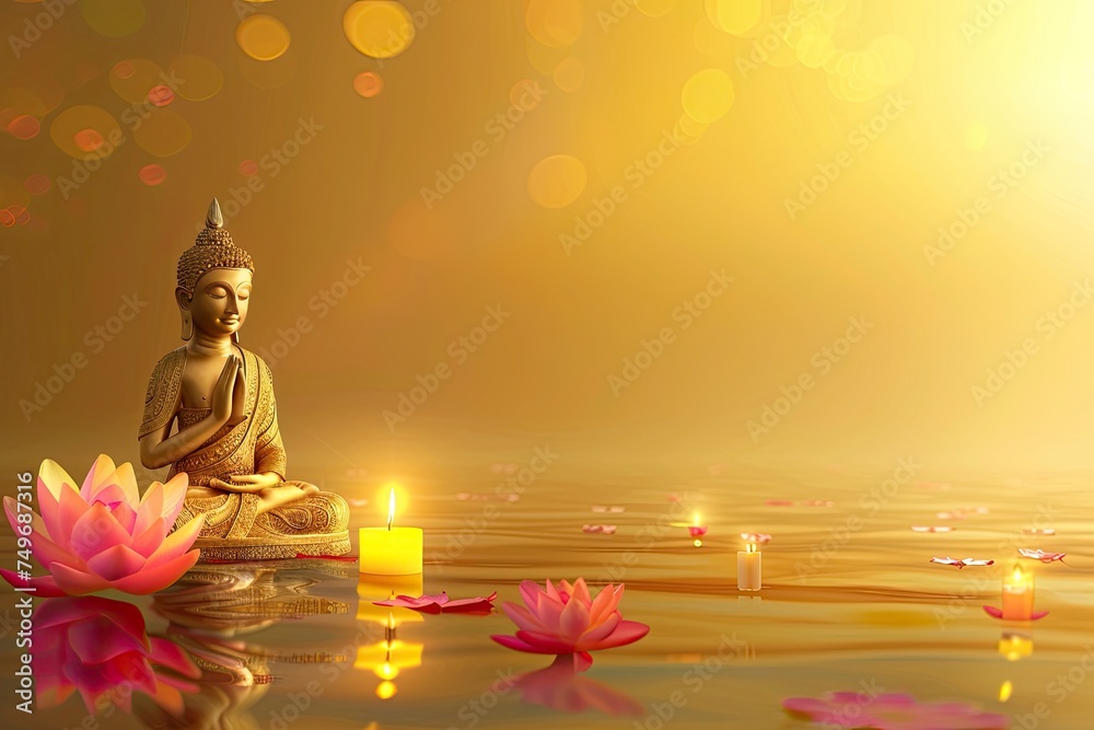 Vesak Day banner design background with Buddha statues and lotus flowers - generative ai