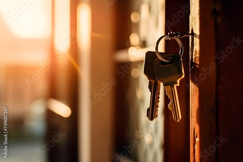 The owner's key to unlock the house is plugged into the door. Second-hand house for rent and sale. keychain is blowing in the wind