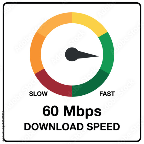 60 Mbps download speed. Slow and fast internet meter, downloading data isolated on white background