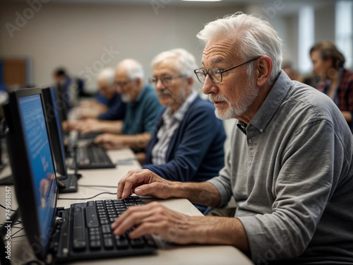 senior person with expressive look learning laptop or computer lesson in seniors class or training with other elderly people in background photo