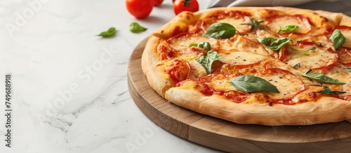 A freshly baked Italian pizza rests on top of a rustic wooden cutting board, showcasing the crispy crust and melted cheese.