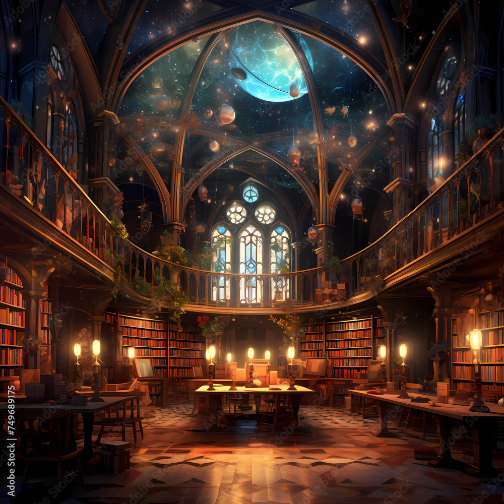 Magical library with books that tell stories visually.