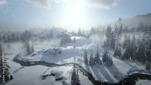 Snow mountain sun cloud river fog realtime