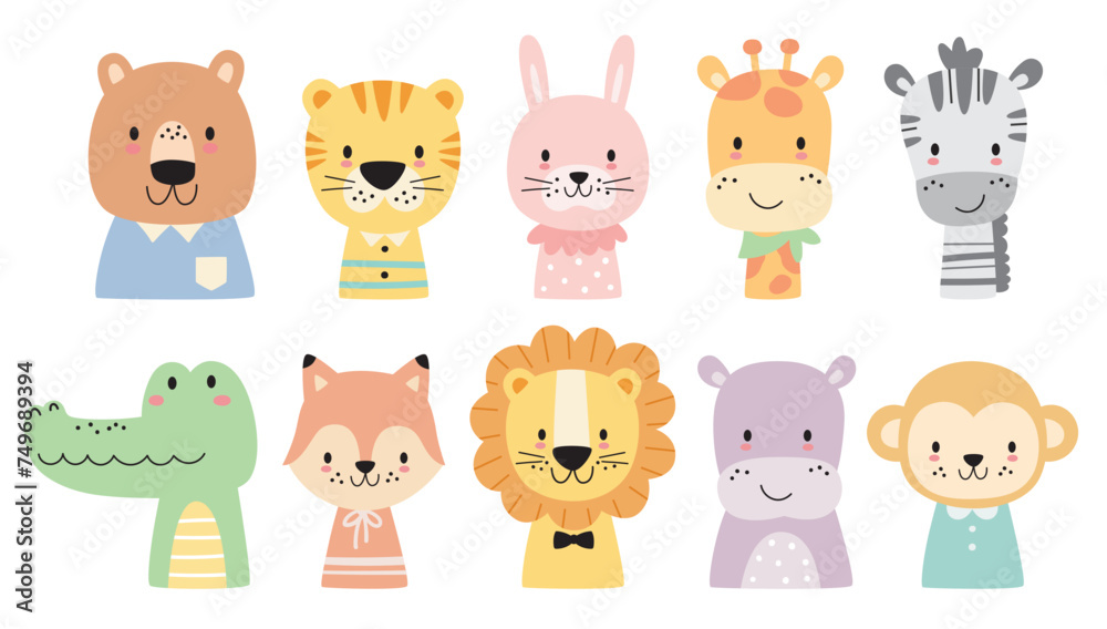 Fototapeta premium Cute wild woodland baby animal faces in pastel color vector illustration. Baby shower and nursery art animal set including a bear, tiger, lion, rabbit, giraffe, zebra, crocodile, fox, hippo and monkey