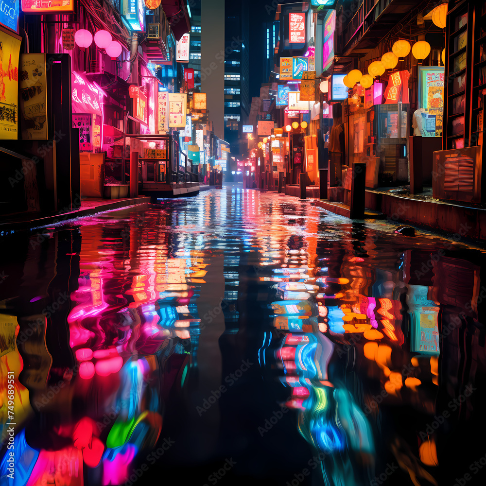 Neon city lights reflected in water.