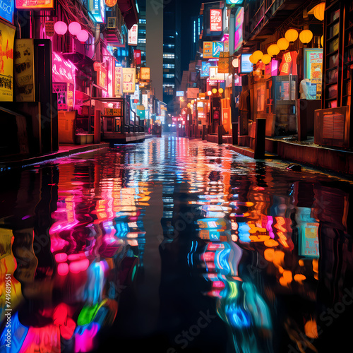 Neon city lights reflected in water.