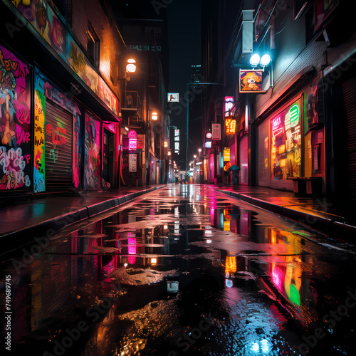 Neon signs in a rainy urban alley. 