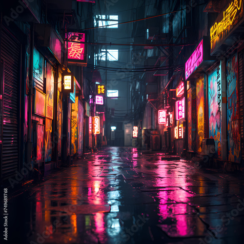 Neon signs in a rainy urban alley. 
