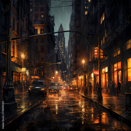 Rain-soaked city street at night