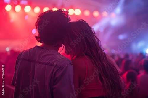 Back view Passionate Couple Embracing at a Music Festival