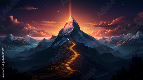 Illustration of magnificent mountain peaks illuminated by brilliant light © ma