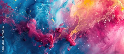 Close-up view of a painting showcasing a chaotic burst of vibrant colors, created with a mix of ink, liquid, and paint on a fluid background. The artwork is filled with a variety of intense hues and