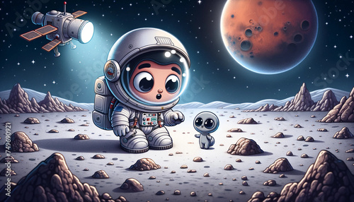 A cartoon astronaut on the moon surface, discovering a tiny and cute grey extraterrestrial alien being photo